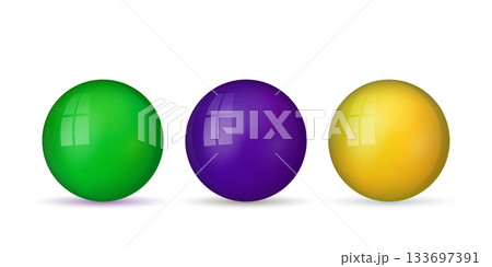 Set with glass colorful balls. Glossy realistic ball, 3D abstract vector illustration highlighted on a white background. Big metal bubble with shadow Set with glass colorful balls. Glossy realistic ball, 3D abstract vector illustration highlighted on a white background. Big metal bubble with shadow 133697391