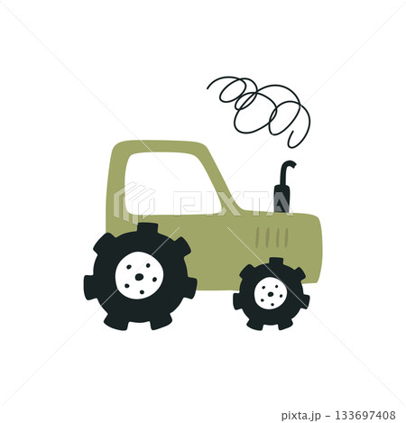 Cartoon tractor, isolated on white background. Colorful book page design for kids and children. 133697408