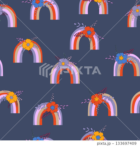 Trendy seamless pattern with colorful rainbow on color background. Design for invitation, poster, card, fabric, textile, fabric. Cute holiday illustration for baby. Scandinavian doodle style 133697409