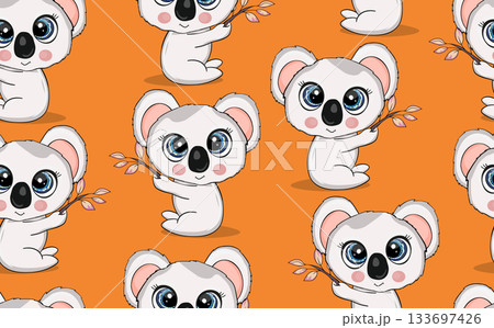 Seamless pattern with cute koala baby on color background. Funny australian animals. Card, postcards for kids. Flat vector illustration for fabric, textile, wallpaper, poster, paper Seamless pattern with cute koala baby on color background. Funny australian animals. Card, postcards for kids. Flat vector illustration for fabric, textile, wallpaper, poster, paper 133697426