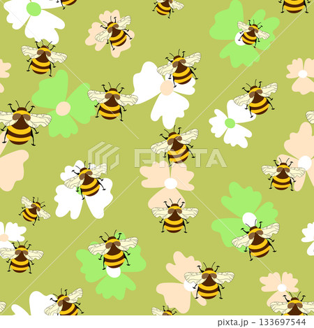 Seamless pattern with bees on floral background. Small wasp. Vector illustration. Adorable cartoon character. Template design for invitation, cards, textile, fabric. Doodle style Seamless pattern with bees on floral background. Small wasp. Vector illustration. Adorable cartoon character. Template design for invitation, cards, textile, fabric. Doodle style 133697544