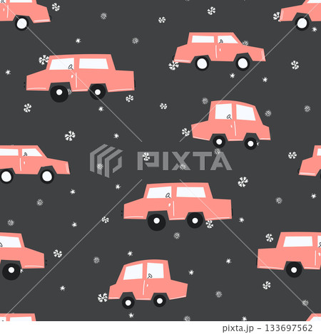 Seamless pattern with cute car on color background. Cartoot transport. Vector illustration. Doodle style. Design for baby print, invitation, poster, card, fabric, textile Seamless pattern with cute car on color background. Cartoot transport. Vector illustration. Doodle style. Design for baby print, invitation, poster, card, fabric, textile 133697562