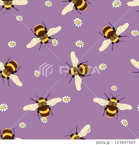 Seamless pattern with bees on floral background. Small wasp. Vector illustration. Adorable cartoon character. Template design for invitation, cards, textile, fabric. Doodle style Seamless pattern with bees on floral background. Small wasp. Vector illustration. Adorable cartoon character. Template design for invitation, cards, textile, fabric. Doodle style 133697565