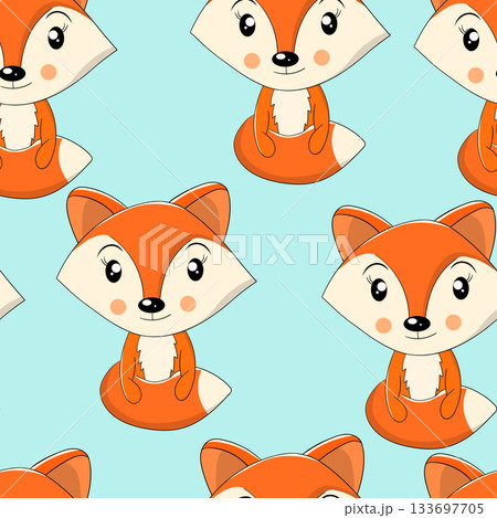 Seamless pattern with cute fox baby on color background. Funny forest animals. Card, postcards for kids. Flat vector illustration for fabric, textile, wallpaper, poster, paper Seamless pattern with cute fox baby on color background. Funny forest animals. Card, postcards for kids. Flat vector illustration for fabric, textile, wallpaper, poster, paper 133697705