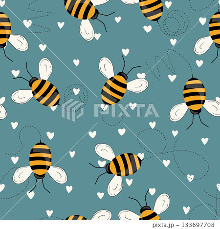Seamless pattern with bees on color background. Small wasp. Vector illustration. Adorable cartoon character. Template design for invitation, cards, textile, fabric. Doodle style Seamless pattern with bees on color background. Small wasp. Vector illustration. Adorable cartoon character. Template design for invitation, cards, textile, fabric. Doodle style 133697708
