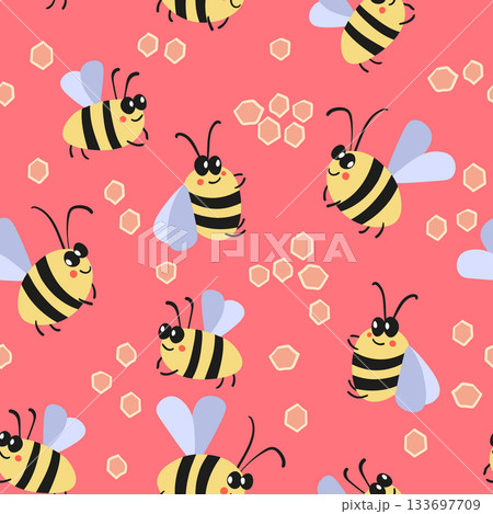 Seamless pattern with bees on color background. Small wasp. Vector illustration. Adorable cartoon character. Template design for invitation, cards, textile, fabric. Doodle style Seamless pattern with bees on color background. Small wasp. Vector illustration. Adorable cartoon character. Template design for invitation, cards, textile, fabric. Doodle style 133697709