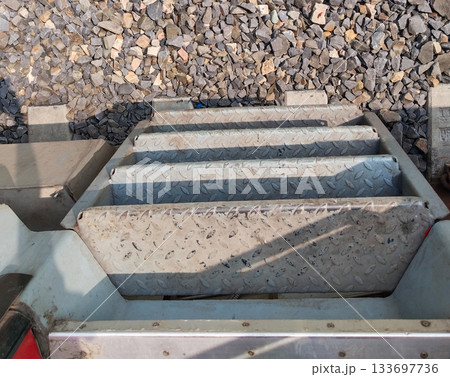 Step out from the train with railway track aggregate Step out from the train with railway track aggregate 133697736