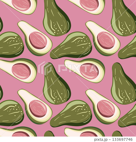 Cute avocado isolated on color background. Avocados with leaves and slice. Natural delicious fresh ripe tasty summer fruit. Vector illustration for packaging, card, other design. Food concept Cute avocado isolated on color background. Avocados with leaves and slice. Natural delicious fresh ripe tasty summer fruit. Vector illustration for packaging, card, other design. Food concept 133697746