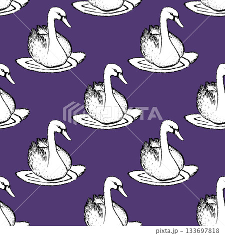 Seamless pattern with funny swan birds. Flat vector illustration with cartoon bird silhouette. Cute characters. Design for invitation, poster, card, textile, fabric Seamless pattern with funny swan birds. Flat vector illustration with cartoon bird silhouette. Cute characters. Design for invitation, poster, card, textile, fabric 133697818