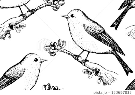 Seamless pattern with funny birds, flowers, leaves. Flat vector illustration with cartoon bird silhouette. Cute characters. Design for invitation, poster, card, textile, fabric 133697833
