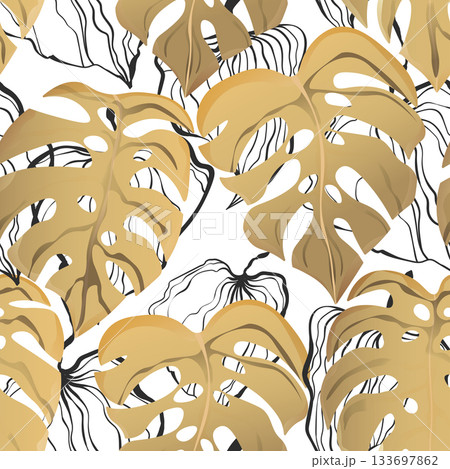 Floral seamless with hand drawn color exotic monstera leaves. Cute summer background. Tropic branches. Modern floral compositions. Fashion vector illustration for wallpaper, fabric, textile 133697862