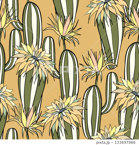 Seamless pattern with cacti, blooming succulent on color background. Vector hand drawn illustration for packaging, fabric, textile. Wild west cactus, western concept 133697866