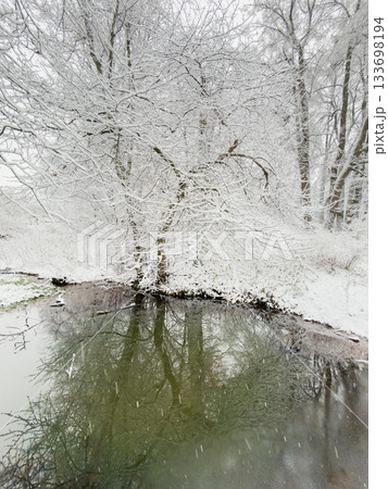 it is snowing heavily in the park, large flakes of snow are slowly falling on tree branches, no people, nobody it is snowing heavily in the park, large flakes of snow are slowly falling on tree branches, no people, nobody 133698194