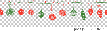Header seamless pattern for Christmas and New Year festival with cute doodle string lights and ornaments in silhouette red and green color tones on a transparent background. 133698213