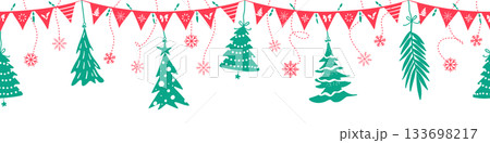 Header seamless pattern for Christmas and New Year festival with cute doodle party flags and Christmas trees in silhouette red and green color tones on a transparent background. 133698217