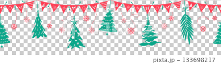 Header seamless pattern for Christmas and New Year festival with cute doodle party flags and Christmas trees in silhouette red and green color tones on a transparent background. 133698217