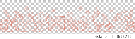 Horizontal seamless pattern for Christmas and New Year festival with cute gifts and festive decorations in red outline on a transparent background. Horizontal seamless pattern for Christmas and New Year festival with cute gifts and festive decorations in red outline on a transparent background. 133698219