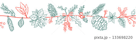 Horizontal seamless pattern for Christmas and New Year festival with cute garland and festive decorations in red and green outline on a transparent background. Horizontal seamless pattern for Christmas and New Year festival with cute garland and festive decorations in red and green outline on a transparent background. 133698220