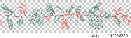 Horizontal seamless pattern for Christmas and New Year festival with cute garland and festive decorations in red and green outline on a transparent background. 133698220