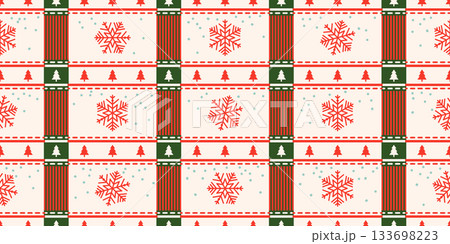 Seamless pattern for Christmas and New Year festival with snowflakes and Christmas trees in red and green color tones. 133698223
