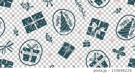 Seamless pattern for Christmas and New Year festival with cute gifts, text, and various festive elements in dark blue and red color tones on a transparent background. Seamless pattern for Christmas and New Year festival with cute gifts, text, and various festive elements in dark blue and red color tones on a transparent background. 133698228