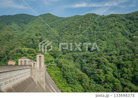 群馬県中之条町・四万川ダムと夏の深緑が広がる山あいの風景 133698378