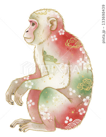 和柄と金箔の装飾が施された水彩の申（さる）のイラスト 133698439