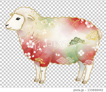 水彩綿羊插畫，飾以日式圖案和金箔裝飾 133698442