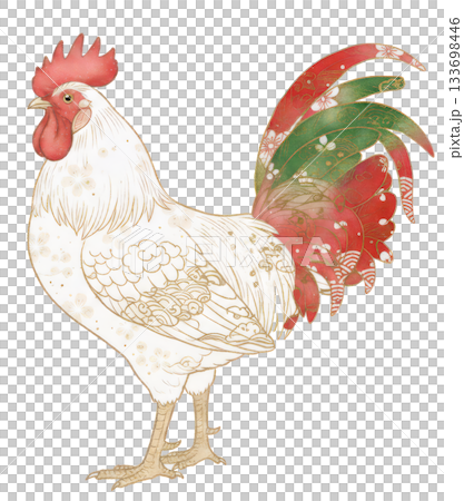 水彩公雞插畫,飾以日式圖案和金色輪廓 水彩公雞插畫,飾以日式圖案和金色輪廓 133698446