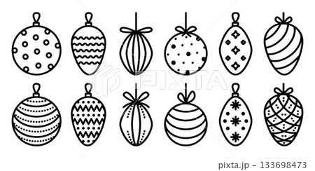 Black line Christmas tree toys icon set. Various winter decorations for firs, spruces and pines. Monochrome decorative signs for coniferous trees. Coloring page, festive vector cliparts 133698473