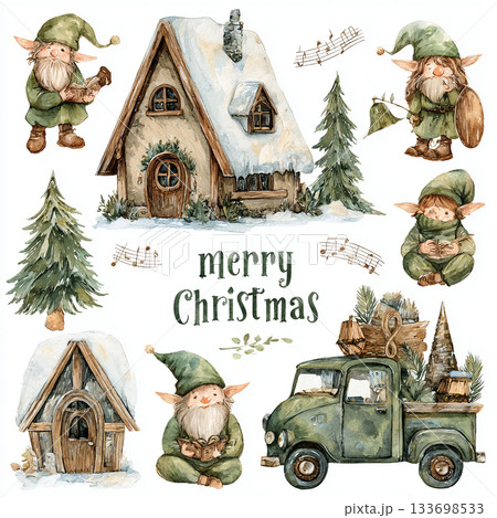 Charming Christmas Illustrations Featuring Elves Santa Animals Trucks and Festive Decor 133698533