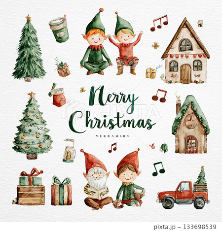 Charming Christmas Illustrations Featuring Elves Santa Animals Trucks and Festive Decor 133698539