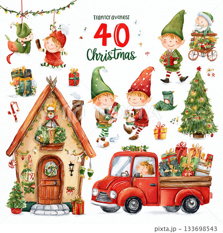 Charming Christmas Illustrations Featuring Elves Santa Animals Trucks and Festive Decor Charming Christmas Illustrations Featuring Elves Santa Animals Trucks and Festive Decor 133698543