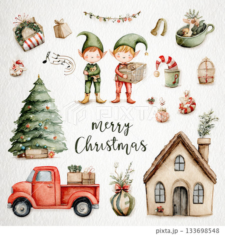 Charming Christmas Illustrations Featuring Elves Santa Animals Trucks and Festive Decor 133698548