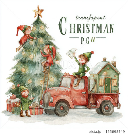 Charming Christmas Illustrations Featuring Elves Santa Animals Trucks and Festive Decor 133698549