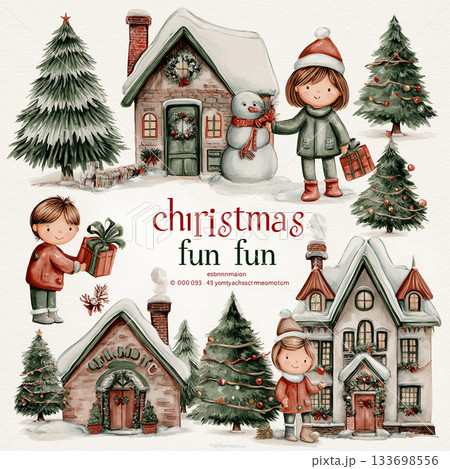 Charming Christmas Illustrations Featuring Elves Santa Animals Trucks and Festive Decor 133698556