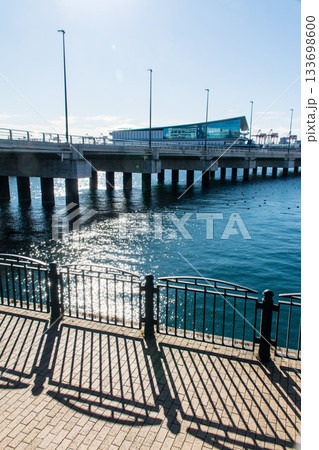 明るい日差しの下のお台場の港にかかる道路とそれを支える橋げた 東京のお台場公園にて 明るい日差しの下のお台場の港にかかる道路とそれを支える橋げた 東京のお台場公園にて 133698600