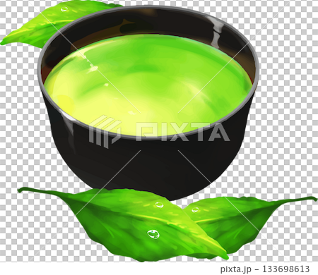 Hot green tea and leaves Hot green tea and leaves 133698613