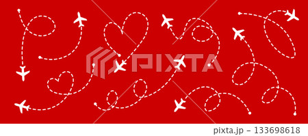 Set of dotted flight paths with airplane silhouettes forming heart and streamer shapes on a red background. Perfect for love travel, aviation and transportation designs for Valentine's Day. Vector 133698618