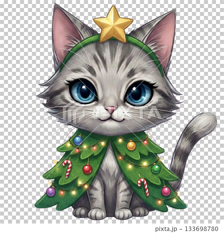クリスマスコスチュームの子猫イラスト｜クリスマスツリー猫（PNG透過） 133698780