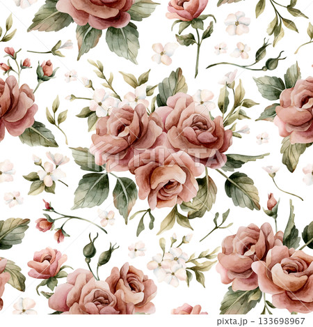 Roses with leaves seamless pattern on white background. Dusty pink garden Victorian flower. Watercolor hand painted floral illustration for wedding design home textile fabric cosmetic package wrapping Roses with leaves seamless pattern on white background. Dusty pink garden Victorian flower. Watercolor hand painted floral illustration for wedding design home textile fabric cosmetic package wrapping 133698967