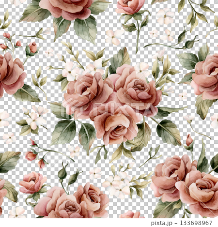 Roses with leaves seamless pattern on white background. Dusty pink garden Victorian flower. Watercolor hand painted floral illustration for wedding design home textile fabric cosmetic package wrapping 133698967