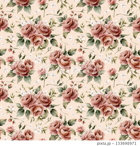 Roses with leaves seamless pattern on beige background. Dusty pink garden Victorian flower. Watercolor hand painted floral illustration for wedding design home textile fabric cosmetic package wrapping 133698971