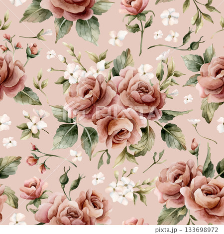 Roses with leaves seamless pattern on pink background. Dusty pink garden Victorian flower. Watercolor hand painted floral illustration for wedding design home textile fabric cosmetic package wrapping 133698972