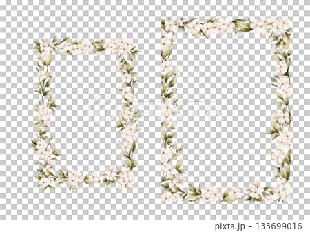 White small flowers frames set. Jasmine, orange, apple blossom. Watercolor hand painted cute floral isolated illustration for wedding design, home textile, porcelain crockery, cosmetic package 133699016