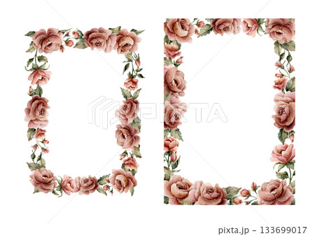Rose flower frames set. Dusty pink garden flowers floral arrangement. Watercolor hand painted floral isolated illustration for wedding design, home textile, porcelain crockery, cosmetic package labels 133699017