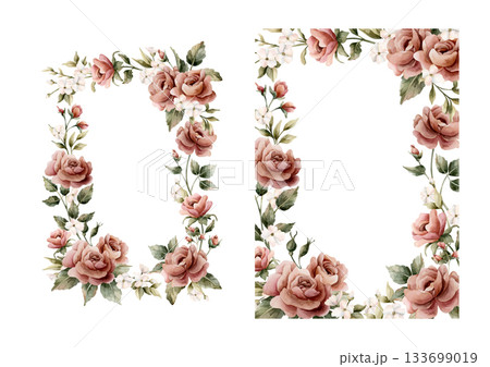 Rose flower frames set. Pink garden flower rectangular arrangement. Watercolor hand painted floral isolated illustration for wedding design greeting card invitation home textile cosmetic package label Rose flower frames set. Pink garden flower rectangular arrangement. Watercolor hand painted floral isolated illustration for wedding design greeting card invitation home textile cosmetic package label 133699019