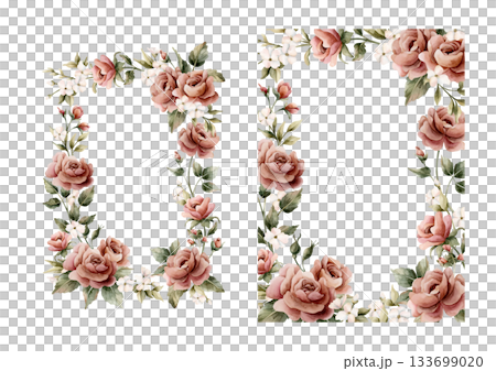 Rose flower frames set. Pink garden flower rectangular arrangement. Watercolor hand painted floral isolated illustration for wedding design greeting card invitation home textile cosmetic package label 133699020