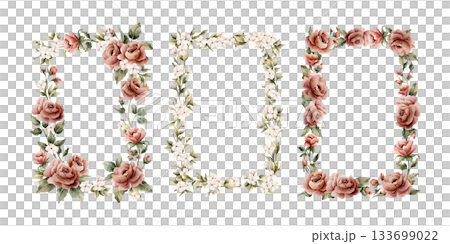 Rose flowers frames set. Dusty pink garden flowers rectangular arrangements. Watercolor hand painted floral isolated illustration for wedding design greeting card invitation cosmetic package label Rose flowers frames set. Dusty pink garden flowers rectangular arrangements. Watercolor hand painted floral isolated illustration for wedding design greeting card invitation cosmetic package label 133699022
