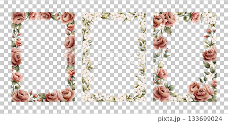 Rose flowers frames set. Dusty pink garden flowers rectangular arrangements. Watercolor hand painted floral isolated illustration for wedding design greeting card invitation cosmetic package label Rose flowers frames set. Dusty pink garden flowers rectangular arrangements. Watercolor hand painted floral isolated illustration for wedding design greeting card invitation cosmetic package label 133699024